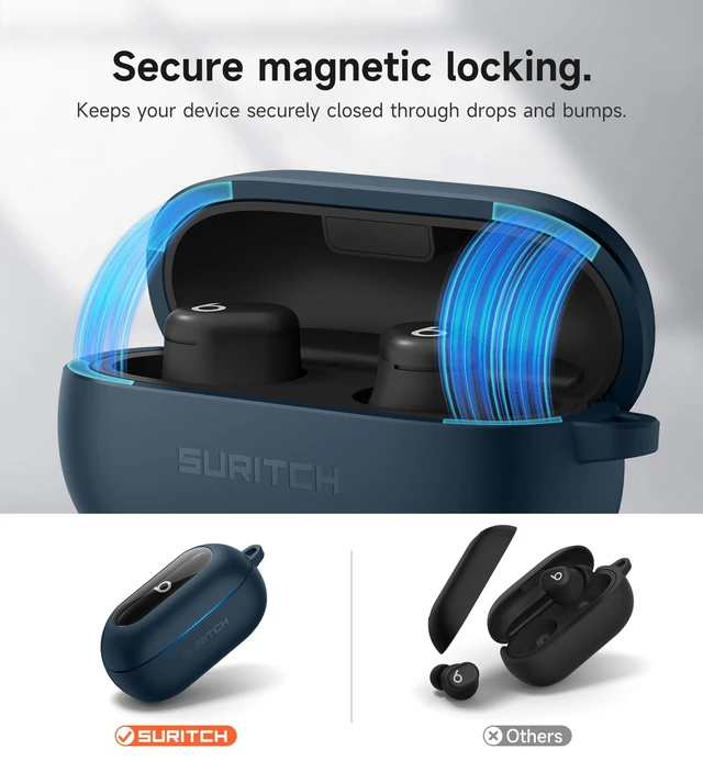 Alt view image 3 of 7 - Cases for Beats Solo Buds 2024 Case Cover, Magnetic Protective Covers for Beats Solo Buds Wireless Earbuds, Rugged Bumper Case with Magnetic Lok & Carabiner & Keyring & Cleaning Kit, Navy