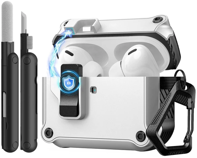 Main image of Hard Case for Airpods Pro 3 (2025) with Secure Lock Clip,White+Black Automatic Pop-up Full Drop Protective Hard Cover for Apple AirPod Pro 3rd Generation with Climbing Hook & Cleaning Kit