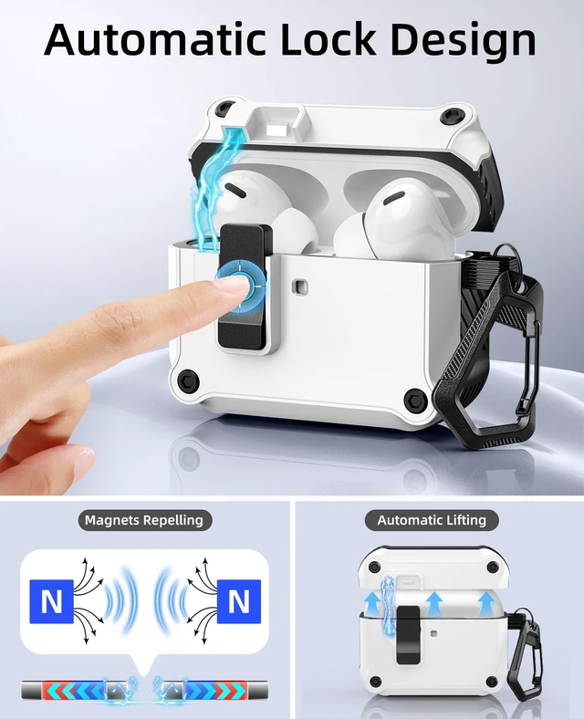 Alt view image 3 of 7 - Hard Case for Airpods Pro 3 (2025) with Secure Lock Clip,White+Black Automatic Pop-up Full Drop Protective Hard Cover for Apple AirPod Pro 3rd Generation with Climbing Hook & Cleaning Kit