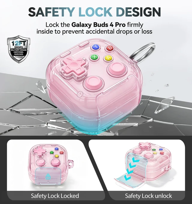 Alt view image 4 of 7 - for Samsung Galaxy Buds 4 Pro/Galaxy Buds 4 Case (Clear Pink) with Safety Lock, with Pressable Button, As Phone Stand, Cool Funny Gifts Case, for Women Men, To Relief Stress