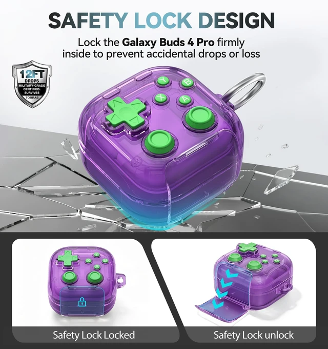 Alt view image 4 of 7 - for Samsung Galaxy Buds 4 Pro/Galaxy Buds 4 Case (Clear Purple) with Safety Lock, with Pressable Button, As Phone Stand, Cool Funny Gifts Case, for Women Men, To Relief Stress