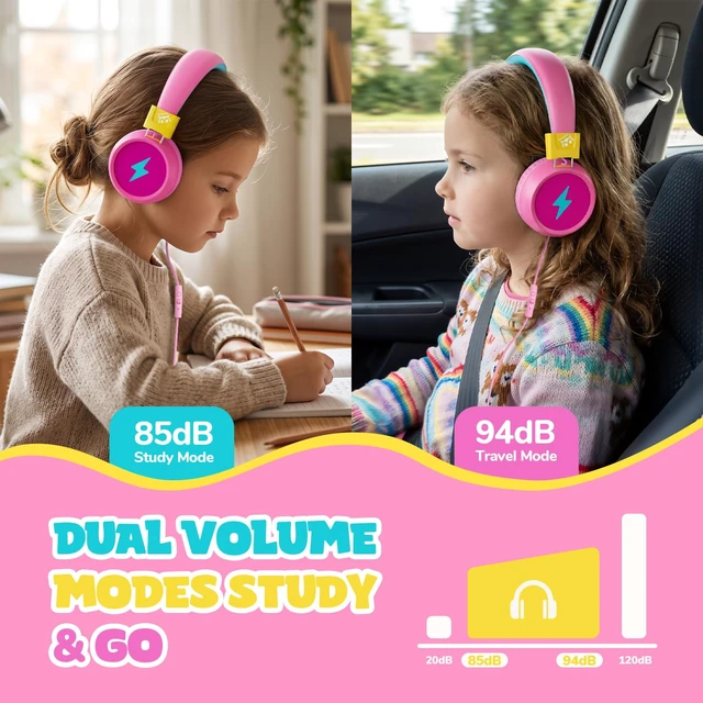 Alt view image 2 of 7 - Kids Headphones with Cord with Mic, 85/94dB Safe Volume Limit HD mic, over-ear foldable, 3.5mm for iPad, tablet/computer, Kids Wired Headphones for school, travel, boys girls Flare Series