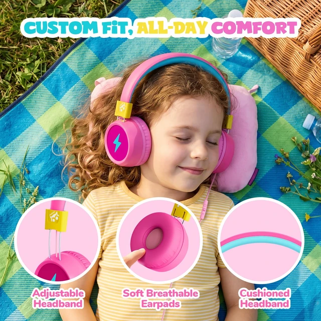 Alt view image 4 of 7 - Kids Headphones with Cord with Mic, 85/94dB Safe Volume Limit HD mic, over-ear foldable, 3.5mm for iPad, tablet/computer, Kids Wired Headphones for school, travel, boys girls Flare Series