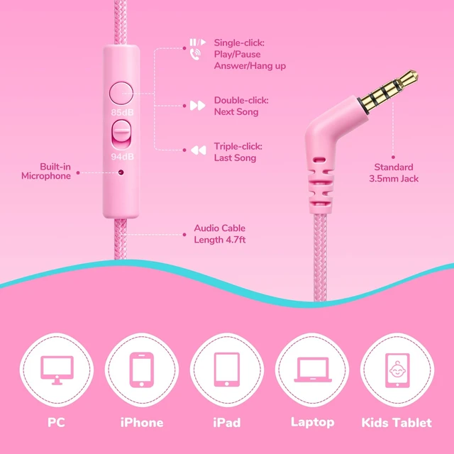 Alt view image 7 of 7 - Kids Headphones with Cord with Mic, 85/94dB Safe Volume Limit HD mic, over-ear foldable, 3.5mm for iPad, tablet/computer, Kids Wired Headphones for school, travel, boys girls Flare Series
