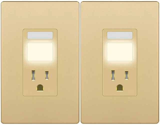 Main image of 15A Outlet, LED, Motion Sensor, PIR Guide Light Receptacle, 2-Pack Matte Gold, Adjustable Time Delay, Tamper-Resistant, UL Listed, Thermoplastic, Daylight Sensor, Advanced PIR Motion Detection