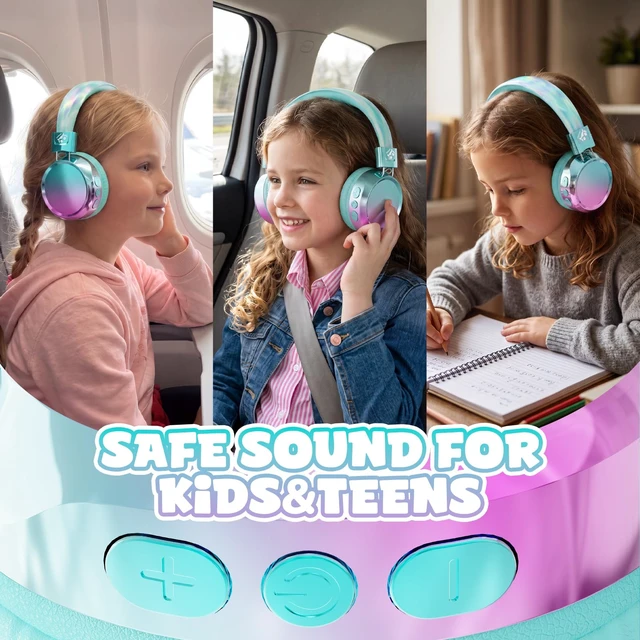 Alt view image 2 of 7 - Kids Bluetooth Headphones with mic, 74/85dB Limited, 60H Playtime Fast charging, Bluetooth 5.4, foldable over-ear, AUX for iPad, tablet, airplane, Wireless headphones for kids, Aura Series