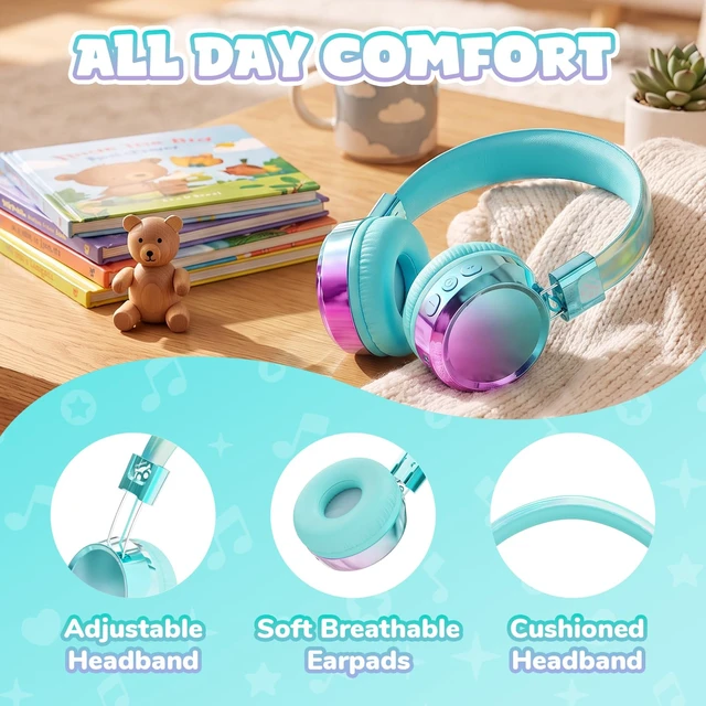 Alt view image 3 of 7 - Kids Bluetooth Headphones with mic, 74/85dB Limited, 60H Playtime Fast charging, Bluetooth 5.4, foldable over-ear, AUX for iPad, tablet, airplane, Wireless headphones for kids, Aura Series
