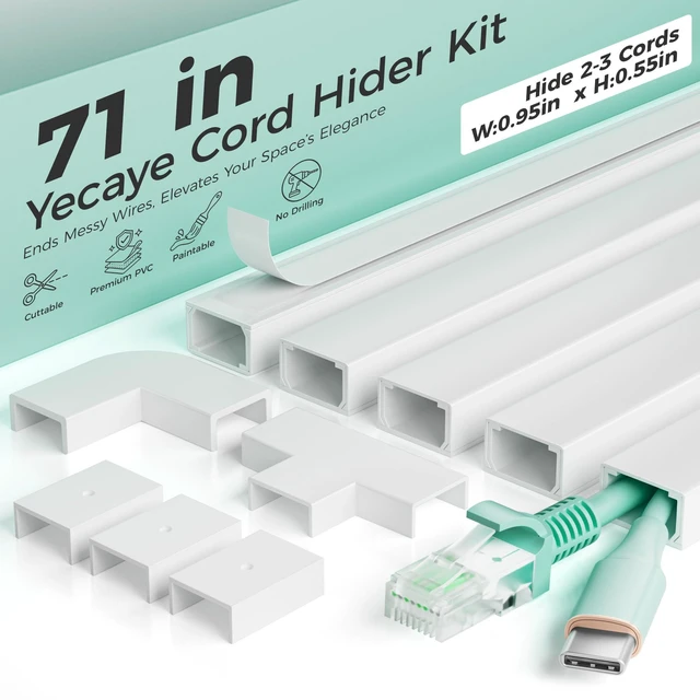 Main image of 71in Cord Hider, Cord Covers for Wires on Wall, W0.95in H0.55in Medium Cable Concealer Kit for 2-3 Cords, TV Cord Hider for Wall Mounted, Self-Adhesive Wire Cable Raceway