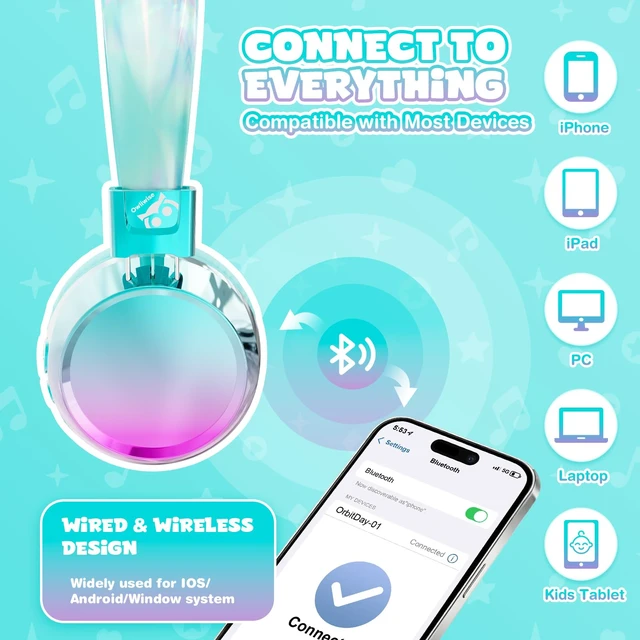 Alt view image 5 of 7 - Kids Bluetooth Headphones with mic, 74/85dB Limited, 60H Playtime Fast charging, Bluetooth 5.4, foldable over-ear, AUX for iPad, tablet, airplane, Wireless headphones for kids, Aura Series