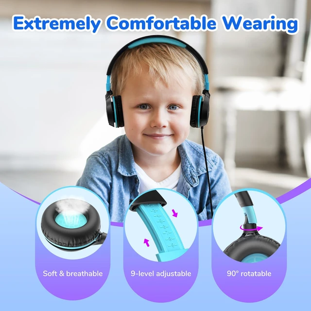 Alt view image 3 of 7 - S1 Kids Headphones, Wired Headphones for Kids, Lightweight, Black Stereo Sound, Adjustable Headband, 85dB Volume Limit, Portable On-Ear Headphone for School/Travel/Boys/Girls/PC/Tablet, Black