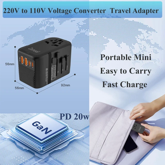 Alt view image 3 of 6 - 220V to 110V Voltage Converter,US to Europe Travel Converters,Universal International Travel Power Adapter with 2 Type C and 2 USB A Port,DC PD20W & QC 18W, Multi-Plug USA/UK/EU/AUS/China Converter