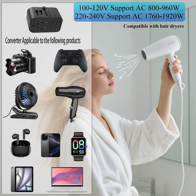 Alt view image 4 of 6 - 220V to 110V Voltage Converter,US to Europe Travel Converters,Universal International Travel Power Adapter with 2 Type C and 2 USB A Port,DC PD20W & QC 18W, Multi-Plug USA/UK/EU/AUS/China Converter