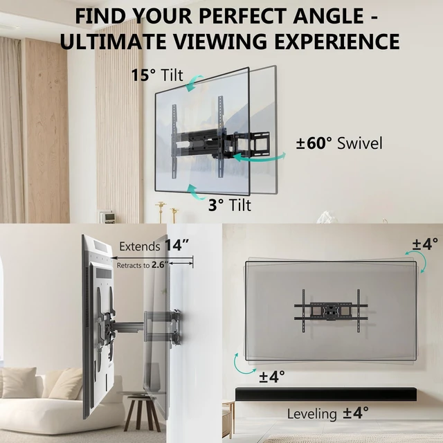 Alt view image 3 of 6 - Full Motion TV Wall Mount for 3270 Inch TVs Dual Articulating Mount with Swivel, Tilt & Extension VESA up to 400x400mm Fits 12/16" Wood Studs Holds Up to 88 lbs