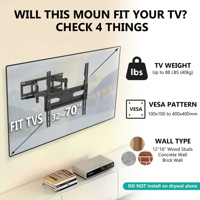 Alt view image 2 of 6 - Full Motion TV Wall Mount for 3270 Inch TVs Dual Articulating Mount with Swivel, Tilt & Extension VESA up to 400x400mm Fits 12/16" Wood Studs Holds Up to 88 lbs
