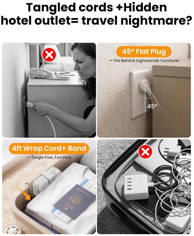 Alt view image 7 of 7 - 10in1 Cruise Approved Travel Power Strip,20W USB C,Cruise Essential for Hotels Cruise Airplane Beach Vacation,4ft Wrap Cord Flat Plug,6 Outlets (4 Widely Spaced),USB C Fast Charging,Travel Gift