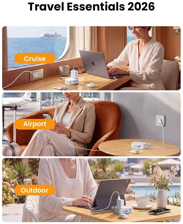 Alt view image 6 of 7 - 10in1 Cruise Approved Travel Power Strip,20W USB C,Cruise Essential for Hotels Cruise Airplane Beach Vacation,4ft Wrap Cord Flat Plug,6 Outlets (4 Widely Spaced),USB C Fast Charging,Travel Gift