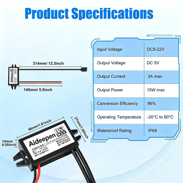 Alt view image 2 of 6 - 2 PCS 12v to 5v DC Converter Buck Module, 12v to 5v 3A 15W Converter DC Buck Converter Module DC Car Power Converter Adapter(Single-Head USB)