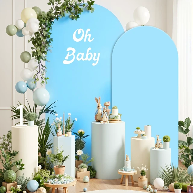 Alt view image 3 of 6 - Set of 2 Arch Backdrop Covers 7.2FT, 6FT Blue and Oh Baby Decal Sign - Adjustable Spandex Arch Covers Stretchy Backdrop for Wedding Birthday Party Baby Shower Banquet Decoration