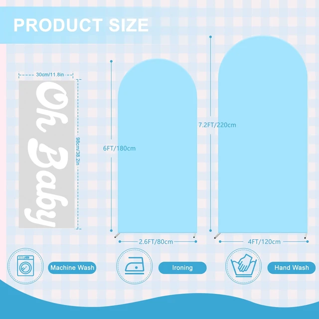 Alt view image 2 of 6 - Set of 2 Arch Backdrop Covers 7.2FT, 6FT Blue and Oh Baby Decal Sign - Adjustable Spandex Arch Covers Stretchy Backdrop for Wedding Birthday Party Baby Shower Banquet Decoration