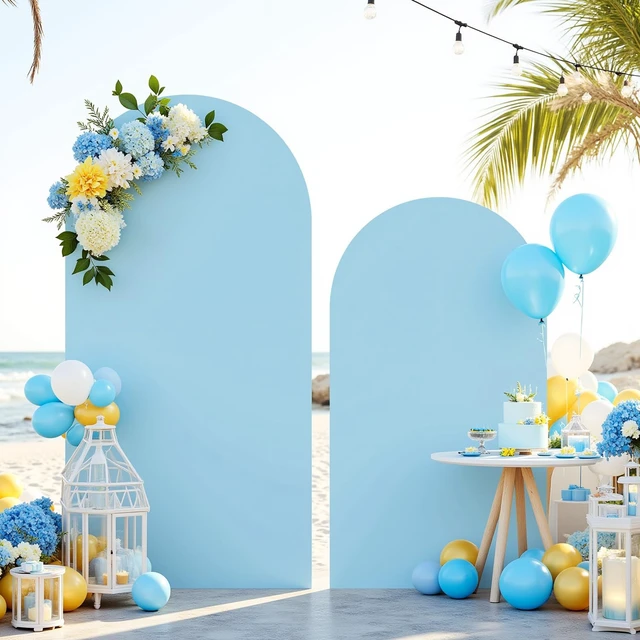 Alt view image 5 of 6 - Set of 2 Arch Backdrop Covers 7.2FT, 6FT Blue and Oh Baby Decal Sign - Adjustable Spandex Arch Covers Stretchy Backdrop for Wedding Birthday Party Baby Shower Banquet Decoration