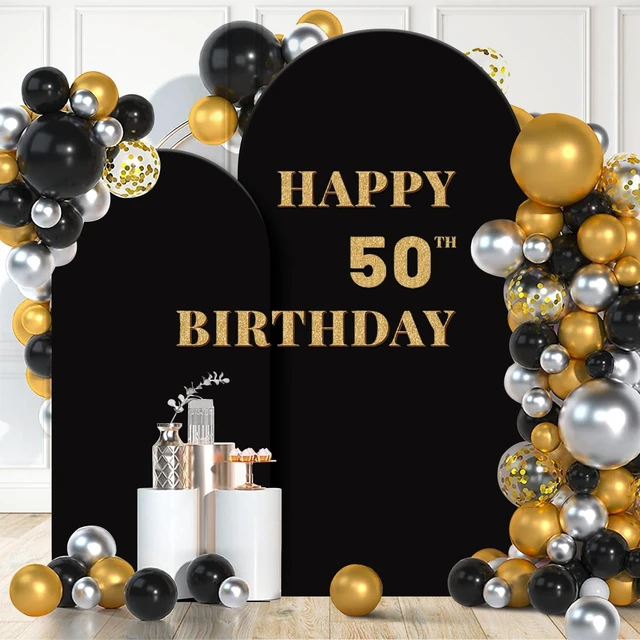 Main image of Set of 2 Arch Backdrop Cover 7.2FT, 6FT Black and Happy 50th 60th 70th Birthday Decal Sign - Adjustable Arch Covers Stretchy Backdrop for Wedding Birthday Party Baby Shower Decoration