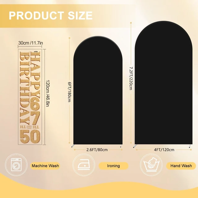 Alt view image 2 of 6 - Set of 2 Arch Backdrop Cover 7.2FT, 6FT Black and Happy 50th 60th 70th Birthday Decal Sign - Adjustable Arch Covers Stretchy Backdrop for Wedding Birthday Party Baby Shower Decoration