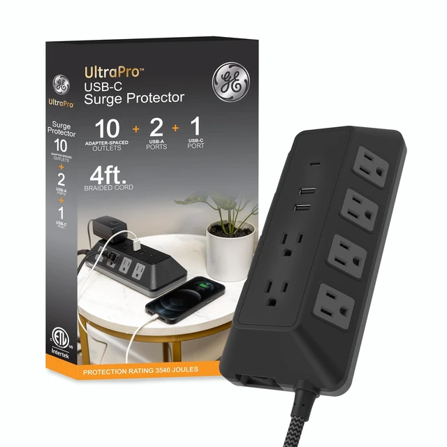 Main image of Sur Protector Power Strip with USB Ports, 4 Ft Braided Extension Cord 3540 Joules, 10 Outlet Extender (Wide Spaced) 2 USB-A, 1 USB-C, Flat Plug, Wall Mount, ETL Safety Certified, Black, 74763