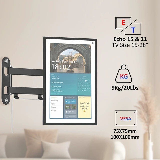 Alt view image 2 of 7 - Wall Mount Compatible with Echo Show 15/21, Extends 17" from Wall 360° Rotation for Landscape or Portrait, Tilts Up and Down, Swivels Side to Side, Stable Articulating Arm, Black