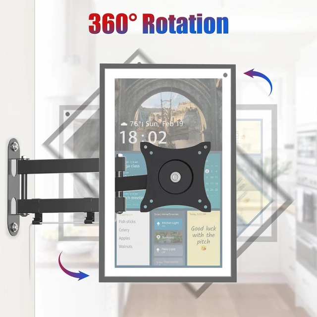Alt view image 3 of 7 - Wall Mount Compatible with Echo Show 15/21, Extends 17" from Wall 360° Rotation for Landscape or Portrait, Tilts Up and Down, Swivels Side to Side, Stable Articulating Arm, Black