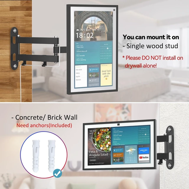 Alt view image 6 of 7 - Wall Mount Compatible with Echo Show 15/21, Extends 17" from Wall 360° Rotation for Landscape or Portrait, Tilts Up and Down, Swivels Side to Side, Stable Articulating Arm, Black