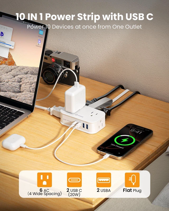 Alt view image 3 of 7 - 10in1 Cruise Approved Travel Power Strip,20W USB C,Cruise Essential for Hotels Cruise Airplane Beach Vacation,4ft Wrap Cord Flat Plug,6 Outlets (4 Widely Spaced),USB C Fast Charging,Travel Gift