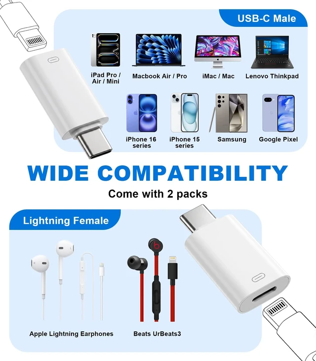 Alt view image 4 of 7 - USB C to Lightning Audio Adapter Support Charge & Heaphone & Data Transfer 2 PACK Lightning to USB C Adapter with Fast Charging, Female Lightning to USBC Earphone Converter for iPhone 17/16/15/iPad