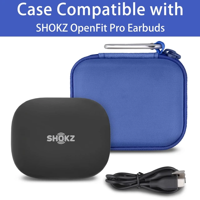 Alt view image 4 of 7 - Hard Case for SHOKZ OpenFit Pro Open-Ear Earbuds, Blue Mesh Accessory Pocket, Charging Cable Storage, Lightweight Design, Carabiner Clip