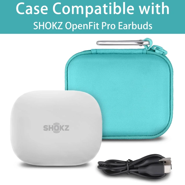 Alt view image 4 of 7 - Hard Case for SHOKZ OpenFit Pro Open-Ear Earbuds, Mint Mesh Accessory Pocket, Charging Cable Storage, Lightweight Design, Carabiner Clip