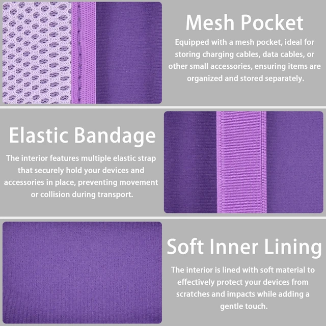 Alt view image 3 of 7 - Hard Case for SHOKZ OpenFit Pro Open-Ear Earbuds, Purple Mesh Accessory Pocket, Charging Cable Storage, Lightweight Design, Carabiner Clip