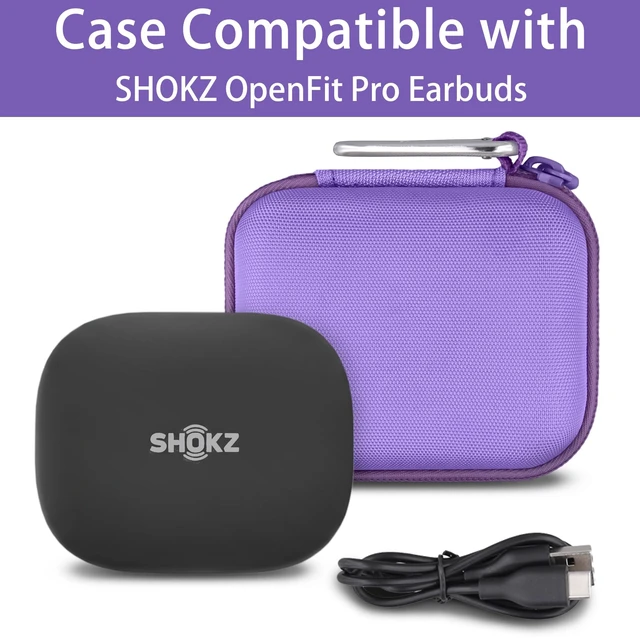 Alt view image 4 of 7 - Hard Case for SHOKZ OpenFit Pro Open-Ear Earbuds, Purple Mesh Accessory Pocket, Charging Cable Storage, Lightweight Design, Carabiner Clip