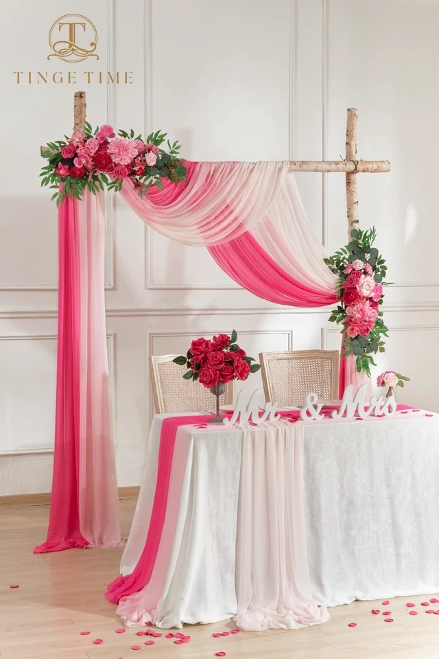 Alt view image 4 of 7 - Weddings Arch Draping Fabric 3-Panel Ombre, Sheer Swag 30"x 20ft Chiffon Tulle Curtain Shimmery Ombre Swag Decor for Wedding Ceremonies Outdoor Event Birthday Parties Showers