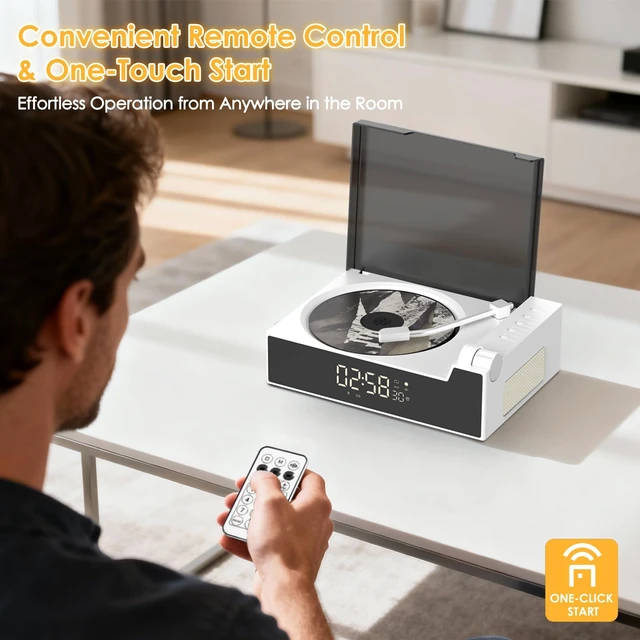 Alt view image 4 of 7 - CD Player with Bluetooth Transmitter and Reciever(White) Stereo HiFi Sound, Built-in Battery, Vintage Case Design, Desktop & Portable Use, LED Screen Display
