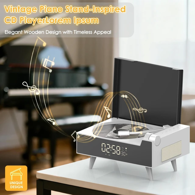 Alt view image 2 of 7 - CD Player with Bluetooth Transmitter and Reciever(White) Stereo HiFi Sound, Built-in Battery, Vintage Case Design, Desktop & Portable Use, LED Screen Display