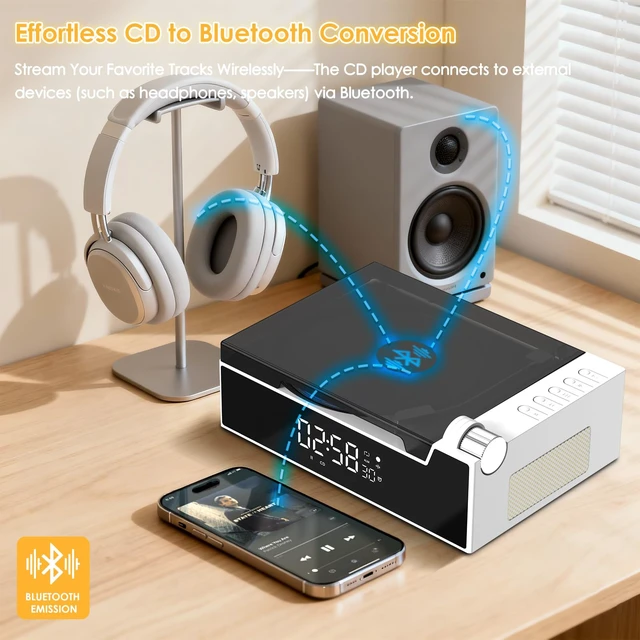 Alt view image 5 of 7 - CD Player with Bluetooth Transmitter and Reciever(White) Stereo HiFi Sound, Built-in Battery, Vintage Case Design, Desktop & Portable Use, LED Screen Display