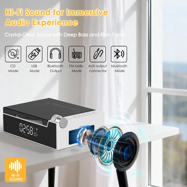 Alt view image 6 of 7 - CD Player with Bluetooth Transmitter and Reciever(White) Stereo HiFi Sound, Built-in Battery, Vintage Case Design, Desktop & Portable Use, LED Screen Display