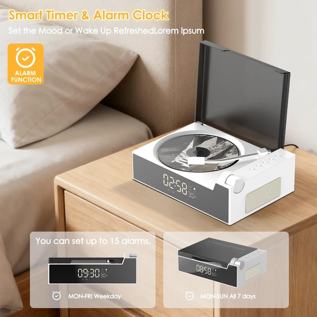 Alt view image 7 of 7 - CD Player with Bluetooth Transmitter and Reciever(White) Stereo HiFi Sound, Built-in Battery, Vintage Case Design, Desktop & Portable Use, LED Screen Display
