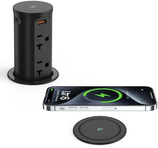 Main image of 20Amp Pop Up Outlet for Countertop,15W Wireless Charging Pad,20W USB C,2.5-Inch Hole,4 Outlets,Space Saver for Desk,2500W 12 AWG Power Cord,ETL Listed (Black)