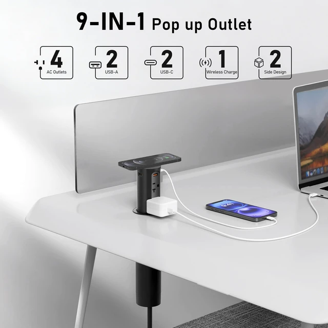 Alt view image 2 of 7 - 20Amp Pop Up Outlet for Countertop,15W Wireless Charging Pad,20W USB C,2.5-Inch Hole,4 Outlets,Space Saver for Desk,2500W 12 AWG Power Cord,ETL Listed (Black)