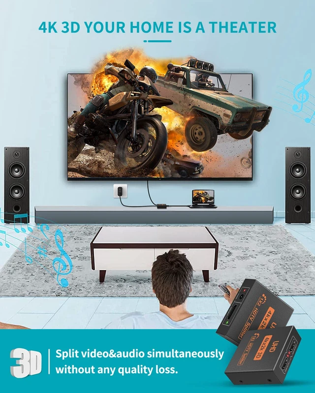 Alt view image 4 of 7 - HDMI Splitter 1 in 2 Out 4K 30Hz HDMI-Splitter for Dual Monitors with USB to DC Power Cable, 2 Way HDMI Distribution, Multi HDMI Adapter for PC/Laptop/HDTV/Projector, Mirror Only, Not Extend