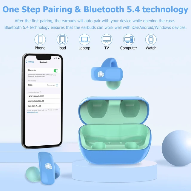 Alt view image 7 of 7 - Kids Wireless Earbuds, Open Ear Clip On Headphones for Teen, Blue 85dB Volume Limit, 20 Hours Charging Case, Bluetooth 5.4, Built-in Mic, For Teens Child Girls Boys Home School Travel Sports