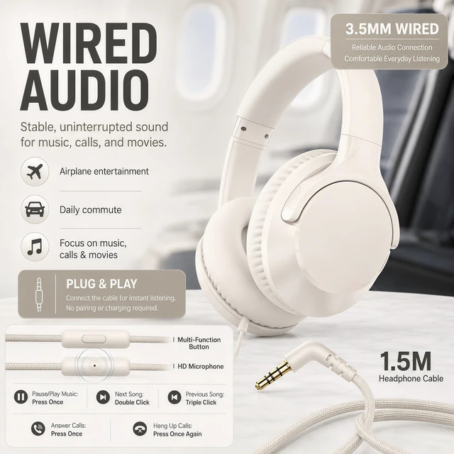 Alt view image 2 of 7 - Wired Over-Ear Headphones with Cord Mic,1.4M Tangle-Free,Stereo Bass Milk Adjustable Headband Foldable Portable Lightweight Headset for Office/Tablet/Smartphone/Laptop/Travel/Music,Aux 3.5mm