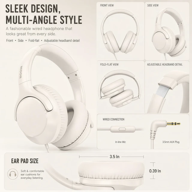 Alt view image 4 of 7 - Wired Over-Ear Headphones with Cord Mic,1.4M Tangle-Free,Stereo Bass Milk Adjustable Headband Foldable Portable Lightweight Headset for Office/Tablet/Smartphone/Laptop/Travel/Music,Aux 3.5mm