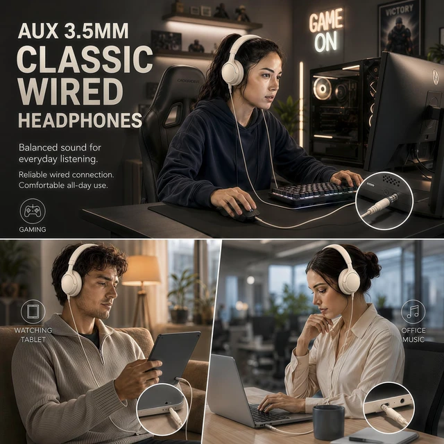 Alt view image 3 of 7 - Wired Over-Ear Headphones with Cord Mic,1.4M Tangle-Free,Stereo Bass Milk Adjustable Headband Foldable Portable Lightweight Headset for Office/Tablet/Smartphone/Laptop/Travel/Music,Aux 3.5mm