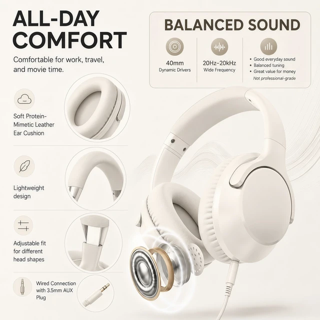 Alt view image 6 of 7 - Wired Over-Ear Headphones with Cord Mic,1.4M Tangle-Free,Stereo Bass Milk Adjustable Headband Foldable Portable Lightweight Headset for Office/Tablet/Smartphone/Laptop/Travel/Music,Aux 3.5mm